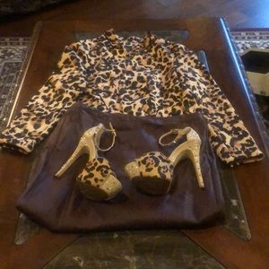 Animal print jacket shoes and faux leather skirt
